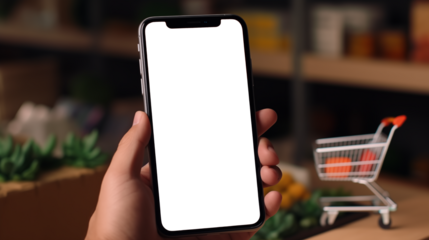Blank screen green background cell phone in hand. The concept of shopping by web application in the phone.