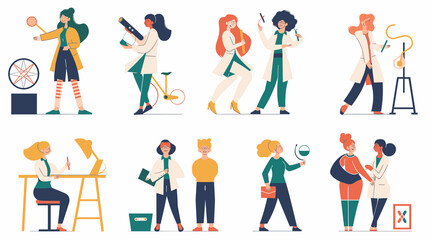 Fototapeta na wymiar Set of women working in different work fields on white background. International Woman's day illustration in simple design and pastel colors Use for promotion, decoration, print and card content. 