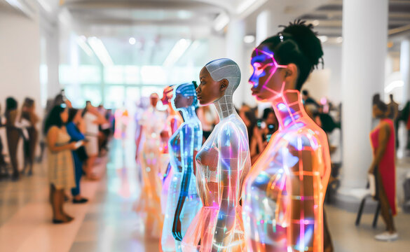 A modern art exhibition featuring holographic illuminated sculptures with visitors in the background.