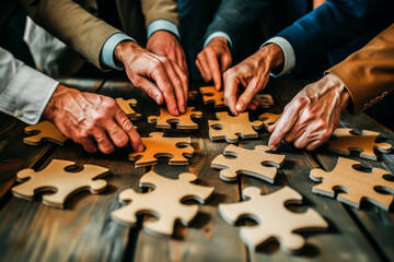 Group of business professionals solving a jigsaw puzzle together on a wooden table, representing teamwork and collaboration. - obrazy, fototapety, plakaty