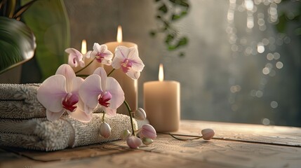 a tranquil spa still life arrangement featuring aromatic candles, an orchid flower, and a folded towel, the soothing atmosphere and luxurious details of a spa.
