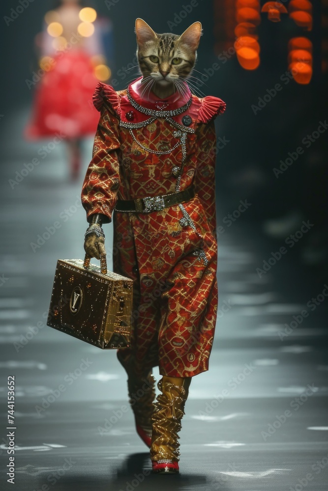 Aufkleber a cat walking down the runway with a suitcase. generative ai.