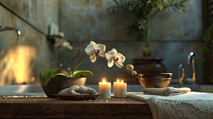 a tranquil spa still life arrangement featuring aromatic candles, an orchid flower, and a folded...