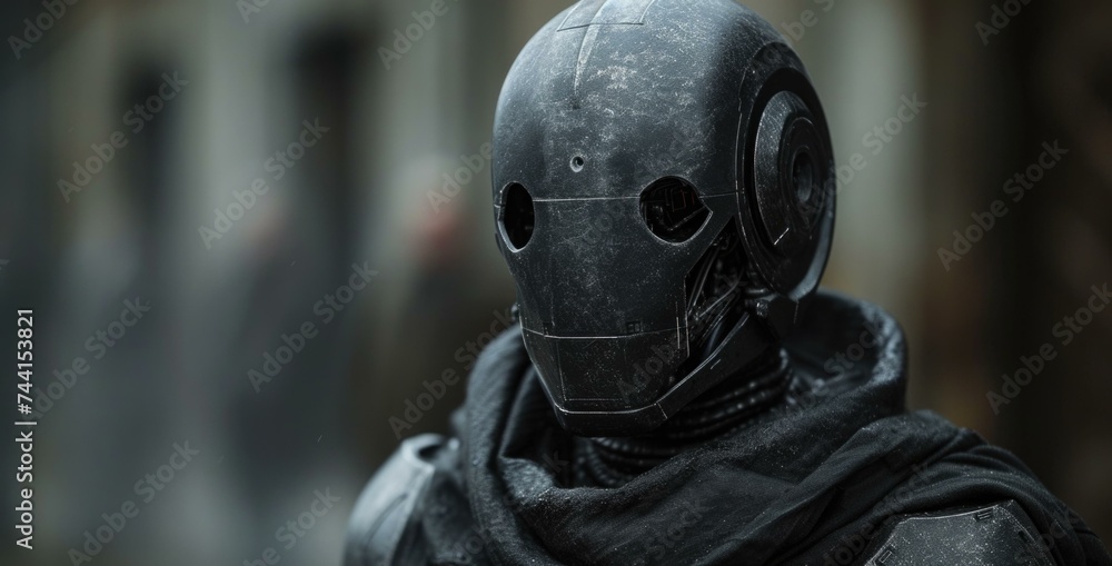 Poster a robot man in a black suit with a helmet on. generative ai.