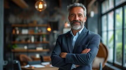 Fototapeta premium A man with a beard and suit standing in a restaurant. Generative AI.