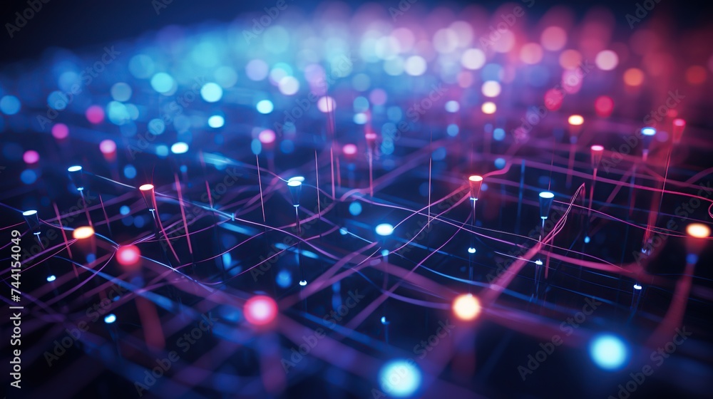 Poster digital network designs with interconnected nodes and lines, symbolizing online ecosystems, suitable