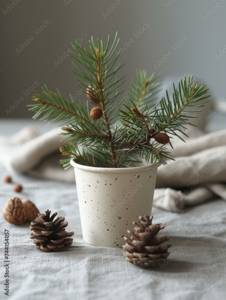 Poster a small pine tree in a pot with cones and pine cones. generative ai.