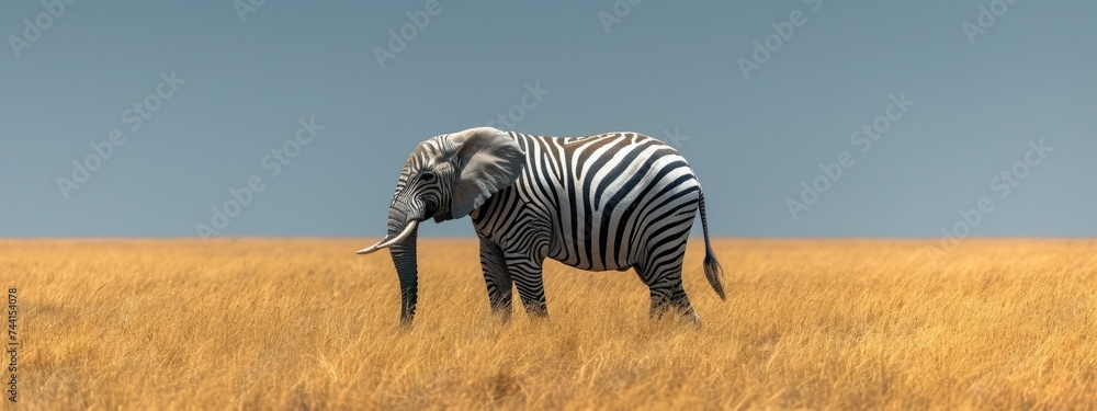 Aufkleber a elephant with zebra's stripes standing in a field of tall grass. generative ai.