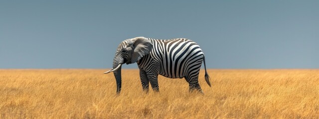 A elephant with zebra's stripes standing in a field of tall grass. Generative AI.
