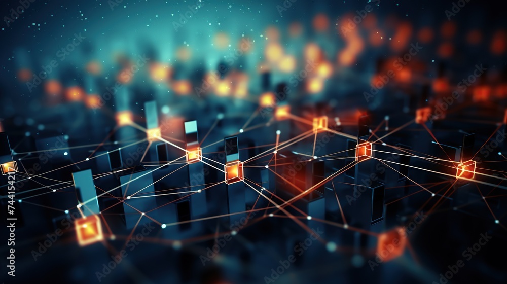 Poster interconnected network diagrams with elements and lines, representing digital channels, suitable for