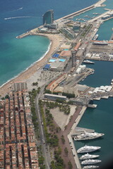 Aerial view of houses at Barceloneta beach district urban. Barcelona, Catalonia helicopter view