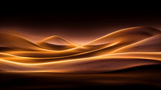 Captivating image of golden light trails over undulating sand dunes, showcasing the warm beauty of a desert landscape at sunset.