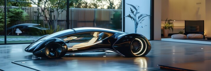 Conceptual sleek future car design in a modern environment