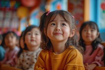 Fototapeta premium A little girl is sitting in front of a classroom. Generative AI.