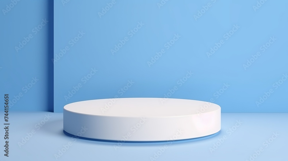 Poster abstract empty white podium on blue background. mock up stand for product presentation. 3d render. m