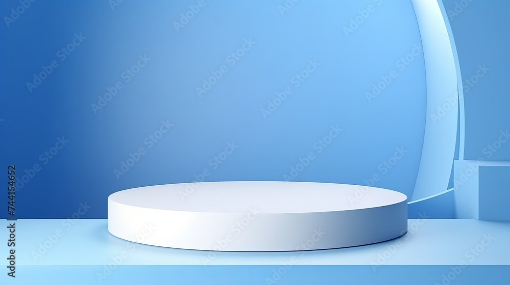 Poster abstract empty white podium on blue background. mock up stand for product presentation. 3d render. m