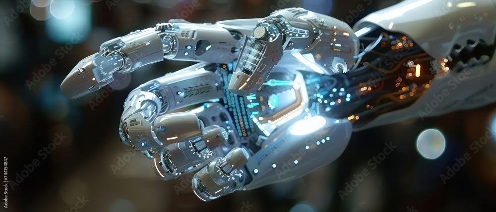 Poster advanced robotic hand with circuit board background