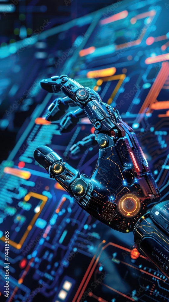 Poster advanced robotic hand with circuit board background