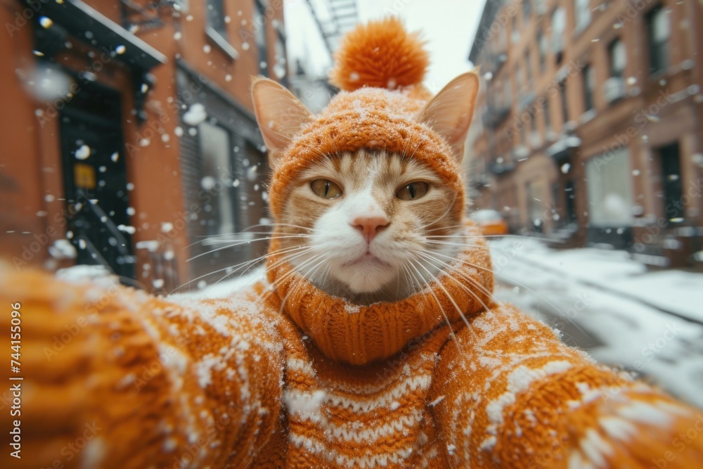 Canvas Prints A cat wearing an orange sweater and hat in the snow. Generative AI.