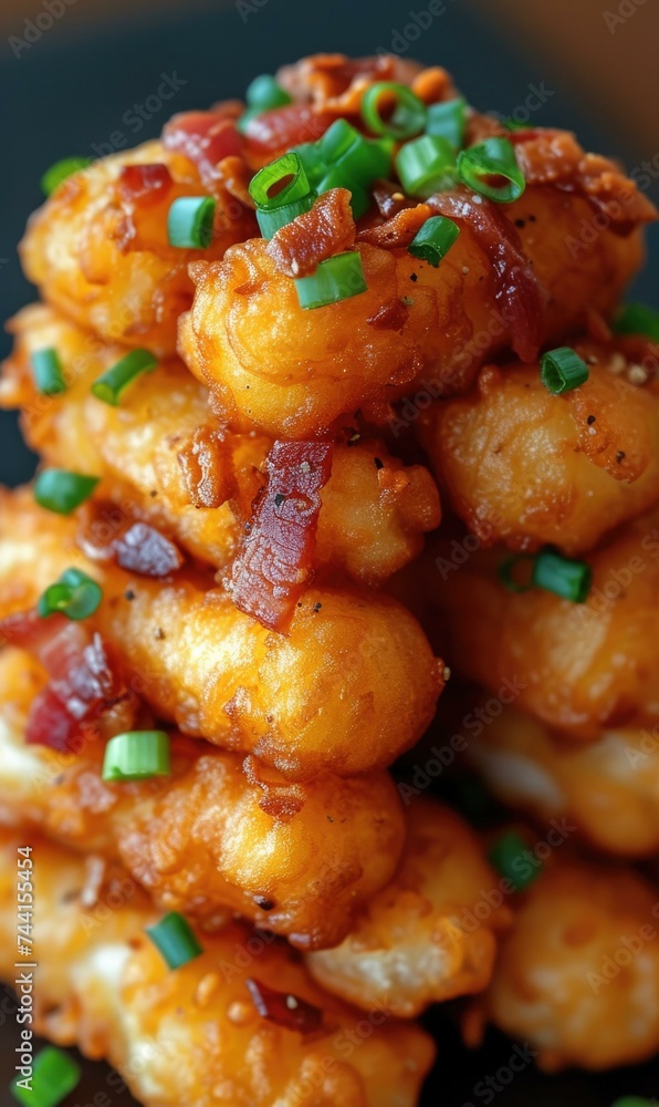 Poster a stack of fried food with bacon and green onions. generative ai.