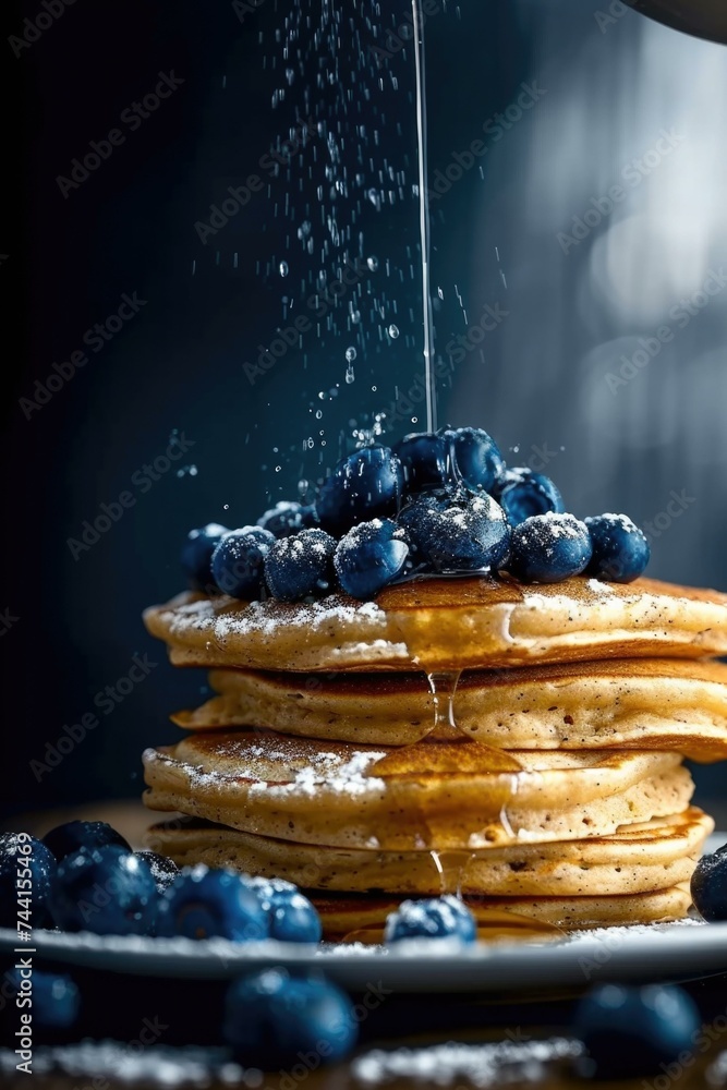 Poster a stack of pancakes with blueberries being poured on top. generative ai.