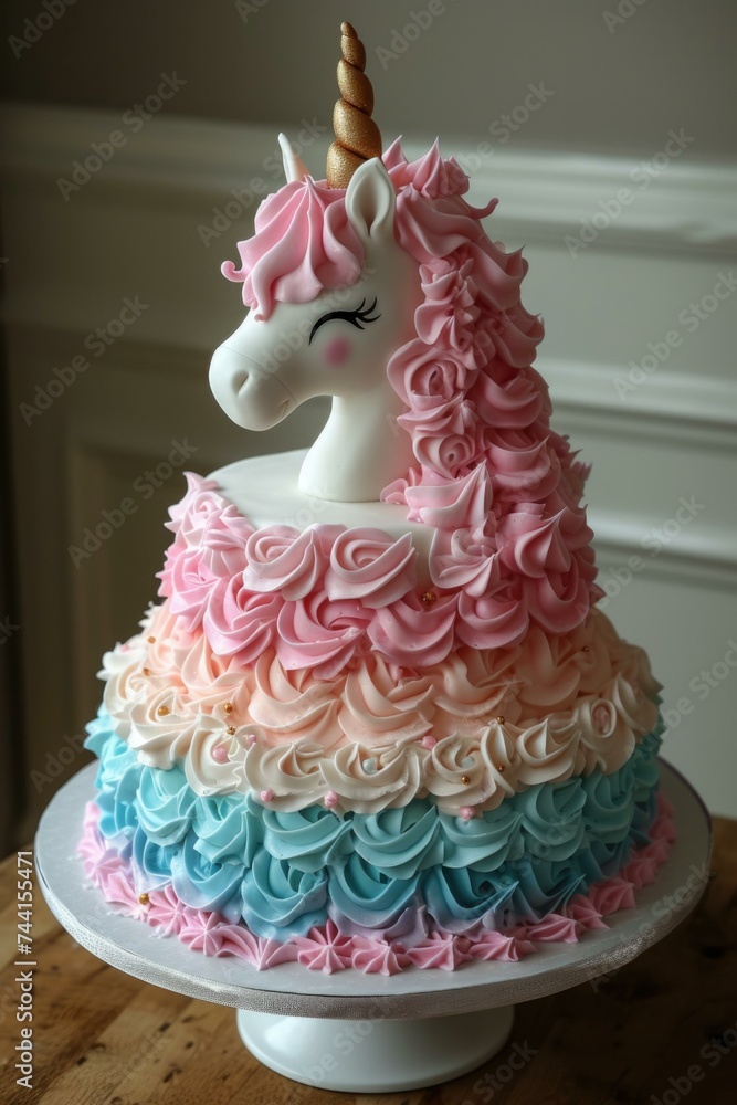 Poster a cake with a unicorn head on top of it. generative ai.