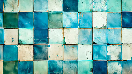 Abstract background of green and blue toned bathroom tiles - obrazy, fototapety, plakaty
