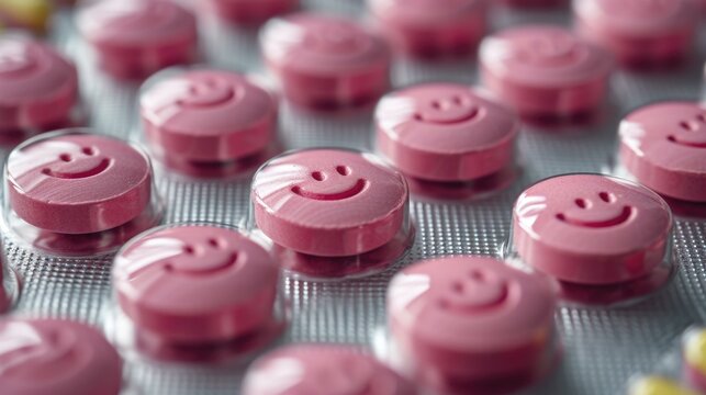 Happy  pills with smiley faces on them. Generative AI.