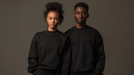 black male and female models standing side by side, black sweatshirts confident poses and stylish attire, the versatility and appeal of black clothing.