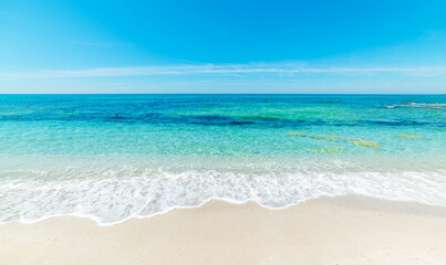 Fototapeta na wymiar White sand and turquoise water under a blue sky