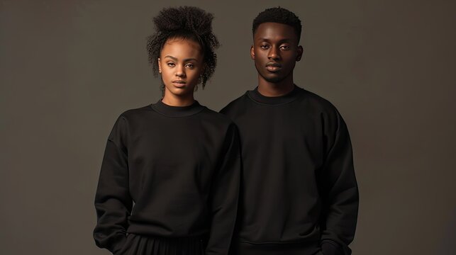black male and female models standing side by side, black sweatshirts confident poses and stylish attire, the versatility and appeal of black clothing.