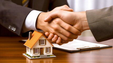 Un agent immobilier faisant une poignée de main à un acheteur. - obrazy, fototapety, plakaty