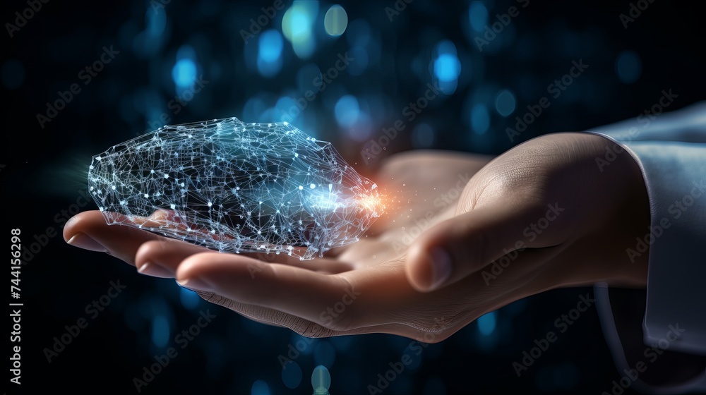 Poster ai, machine learning, hands of robot and human touching big data of global network connection, inter