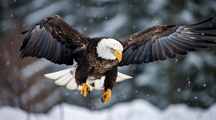 Adult Bald Eagle in flight. Alaska in snow