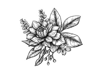 Boutonniere of wild rose flowers and berries Clip art, set of elements for design Graphic drawing, engraving style. Vector illustration. In botanical style