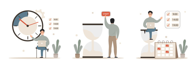 Work time management set. Scheduling tasks, deadline strategy.It office productivity timing management. Time management. Vector illustration