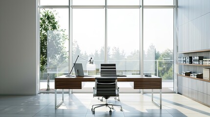 Fototapeta premium a modern office interior featuring a sleek work desk positioned near a window, the workspace, creating an atmosphere conducive to productivity and focus.