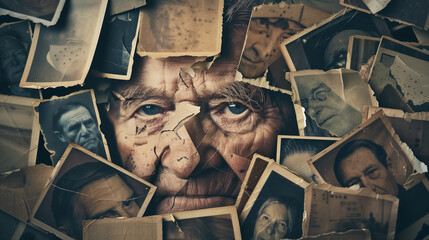 Collage of aged photos creating a face, ideal for projects on memory, history, or psychological themes. - obrazy, fototapety, plakaty