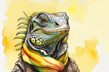Funny portrait of iguana, in yellow scarf on watercolor background
