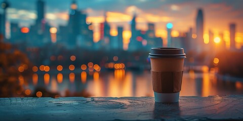Cup of Coffee on the balcony with view on the city skyline - obrazy, fototapety, plakaty