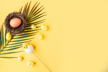 Chicken egg in the nest and palm branches on yellow background. Top view. Copy space