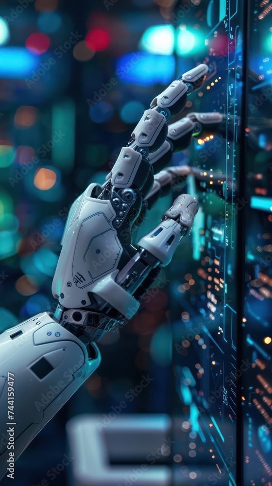 Poster advanced robotic hand with circuit board background