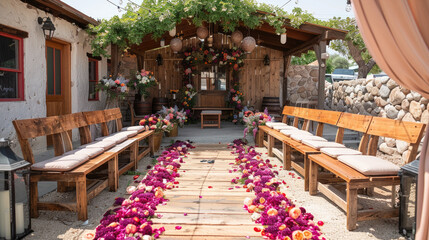 Marital Reception Trail Adorned with Blossoms - obrazy, fototapety, plakaty
