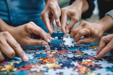 A diverse group of individuals come together to complete a challenging jigsaw puzzle, their hands carefully placing each piece with precision and determination