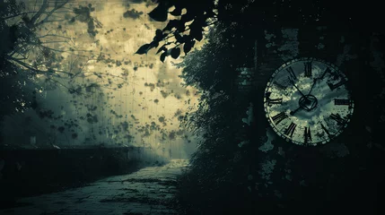 Küchenrückwand glas motiv Vintage clock on a grungy wall with floral overgrowth, evoking themes of passing time and nostalgia, suitable for book covers, artistic projects, and introspective social media posts. © Blue_Utilities