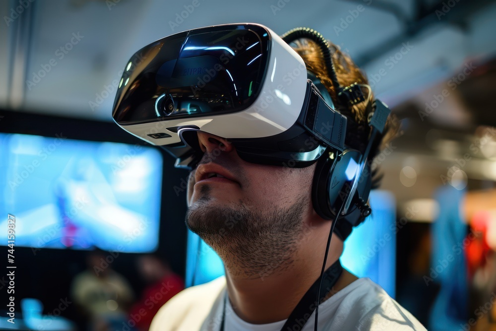Poster man using virtual reality headset with immersive technology