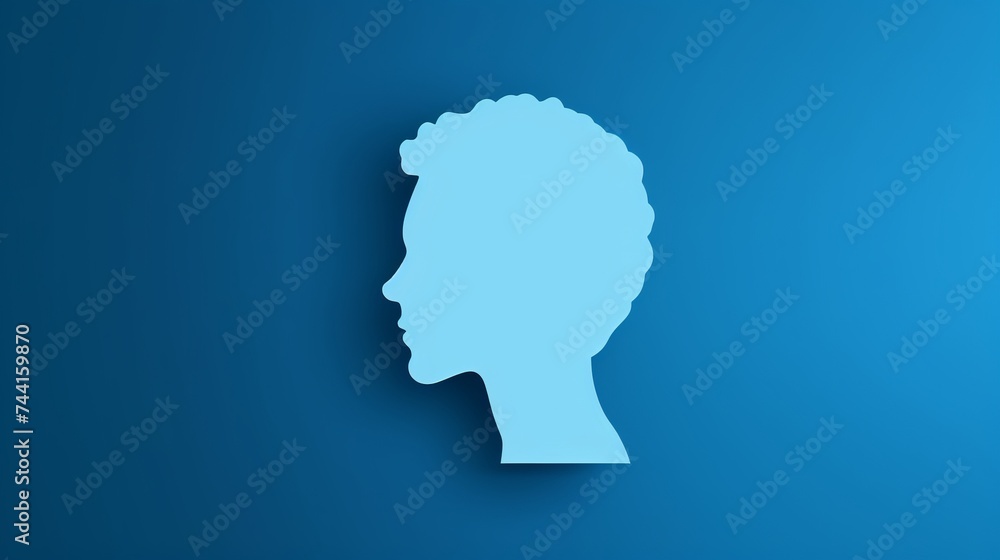 Poster brain placed inside of empty human head shape with shadow isolated on blue background