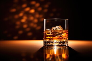 Whiskey glass with ice on wooden bar counter with warm bokeh lights background