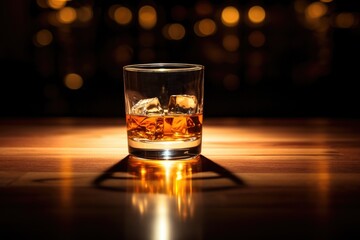 Whiskey glass with ice on wooden bar counter with warm bokeh lights background - obrazy, fototapety, plakaty