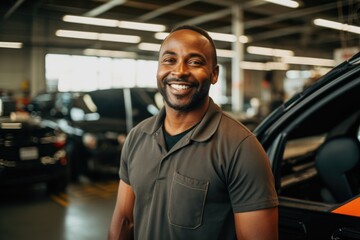 Obraz premium Portrait of a middle aged car mechanic in repair shop